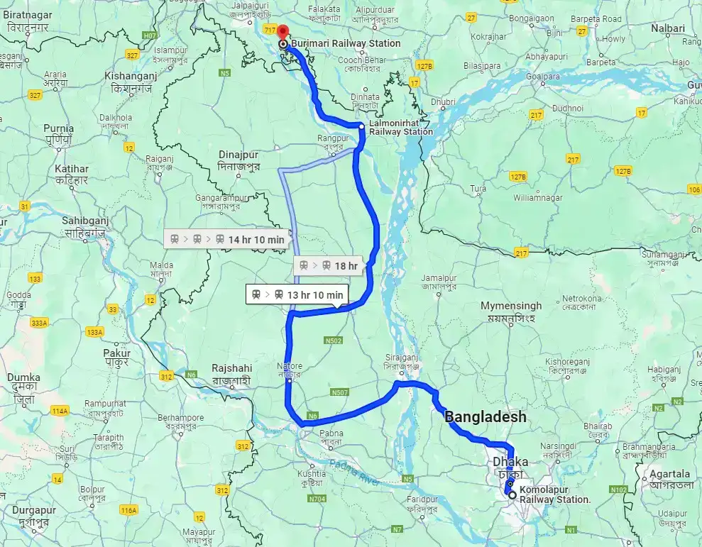 Burimari Express Train route dhaka to burimari